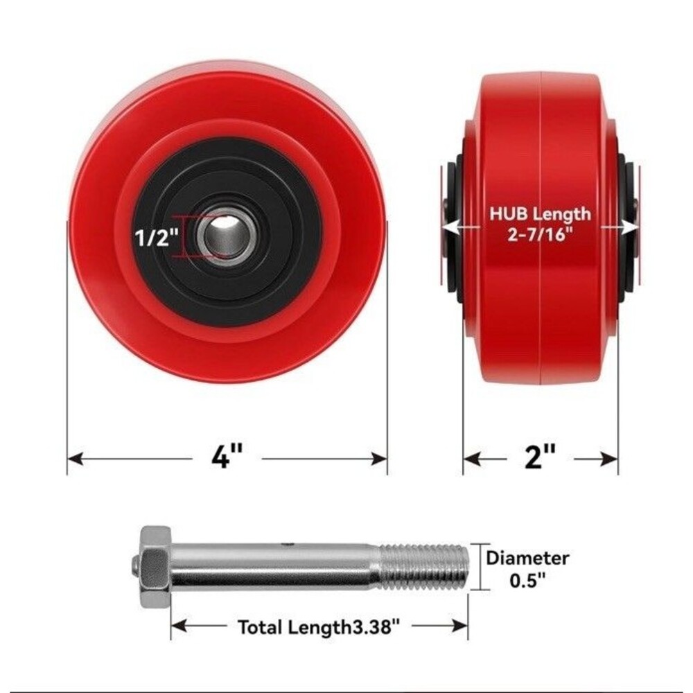4" x 2" Caster Wheels, 1/2" Bore Axle Heavy Duty Wheels, Non-Marking